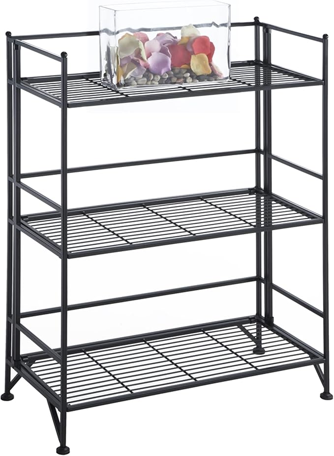 Convenience Concepts Xtra Storage Shelves - 3-Tier Wide Folding Metal Storage Shelves, Closet Organizer for Office, Laundry Room, Bedroom, Garage, Kitchen, Bathroom, Black