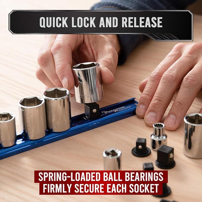 Precision Defined Aluminum Tool Socket Holder 3-Piece Set | Blue, 1/4-Inch x 16 Clips, 3/8-Inch x 16 Clips, 1/2-Inch x 14 Clips | 360 Rotation - Heavy Duty Socket Rails Organizer, Socket Storage