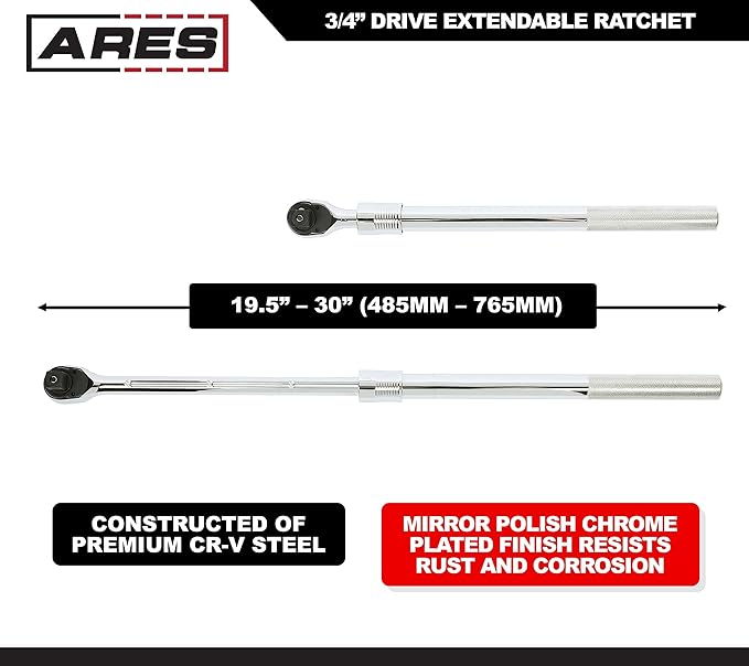 ARES 42078 – 3/4-Inch Drive Quick Release Extendable Ratchet - 72-Tooth Gear with 5 Degree Sweep – Handle Extends from 19.5 Inches to 30 Inches – Quick Release Drive Tang Locks Socket Securely