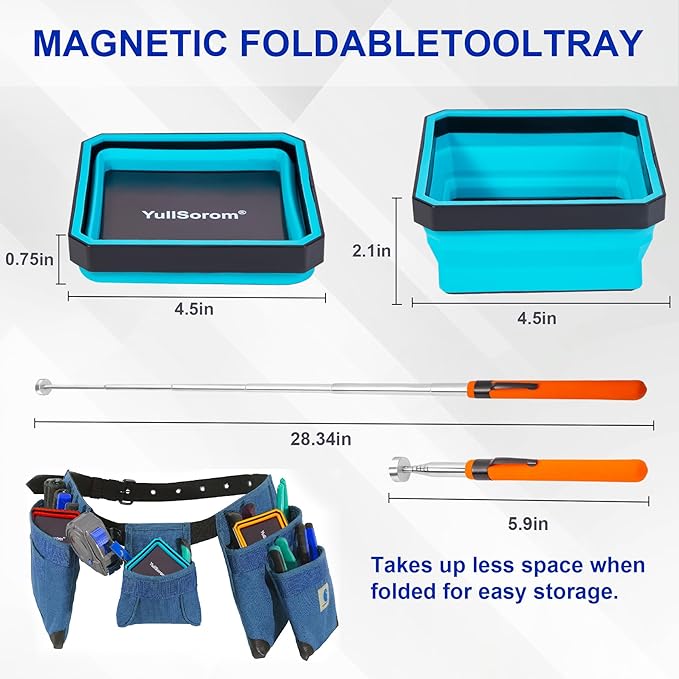 Collapsible Dual-Sided Magnetic Parts Tray Set, 4-Pack 4.5” Tool Trays for Screws Bolts Nuts Washers Pins with 1pc Magnetic Suction Rod