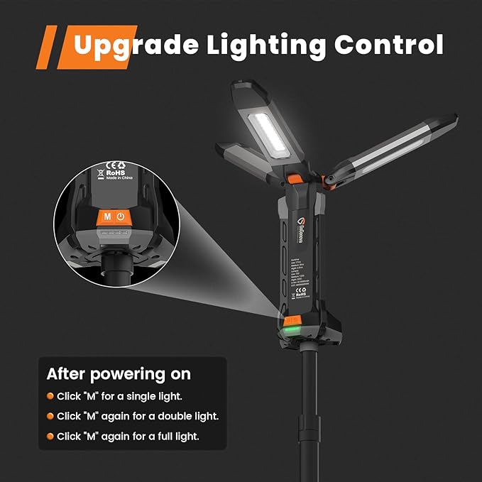 gogonova 2026 Rechargeable Work Light with Stand, 4 in 1 Cordless Camping Light, 700/1200/2200 Lumens, 4000/6500K Dimmable LED Work Lamp with Detachable Tripod（Grey）