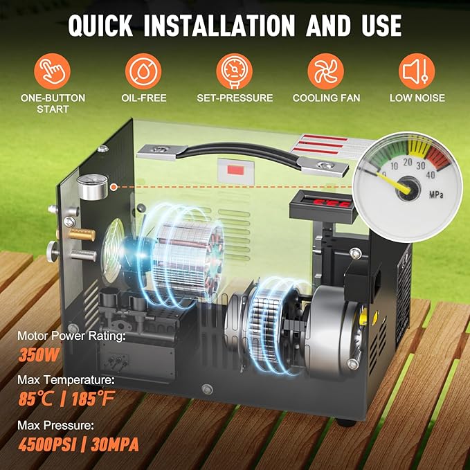 Portable PCP Air Compressor, 4500Psi/30Mpa Scuba Tank Compressor with Wire Spool, Auto-stop, DC12V/AC120V Oil/Water-Free PCP Airgun Compressor for Paintball, Air Rifle, Built-in Fan Cooling