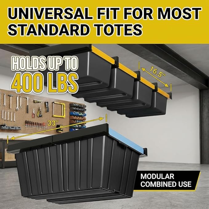Overhead Garage Storage Rack,Garage Ceiling Storage 5 Rails Set, Overhead Storage Rack to Hold 4 Plastic Totes, Metal Ceiling Racks for Garage Storage to Free Up Floor Space, Garage Organizer System