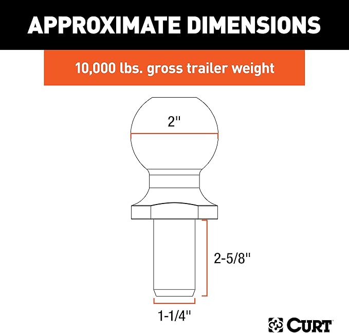 CURT 40056 Stainless Steel Trailer Hitch Ball, 10,000 lbs, 2-Inch Diameter, 1-1/4 x 2-5/8-Inch Shank, Metallic