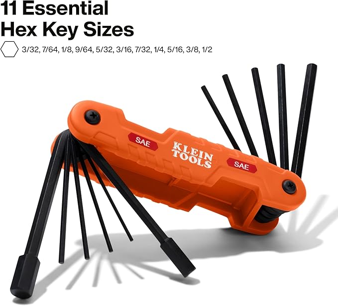 Klein Tools 70550 Hex Wrench Key Set, 11 SAE Sizes, Heavy Duty Folding Allen Wrench Tool with Extra Long Hex Keys