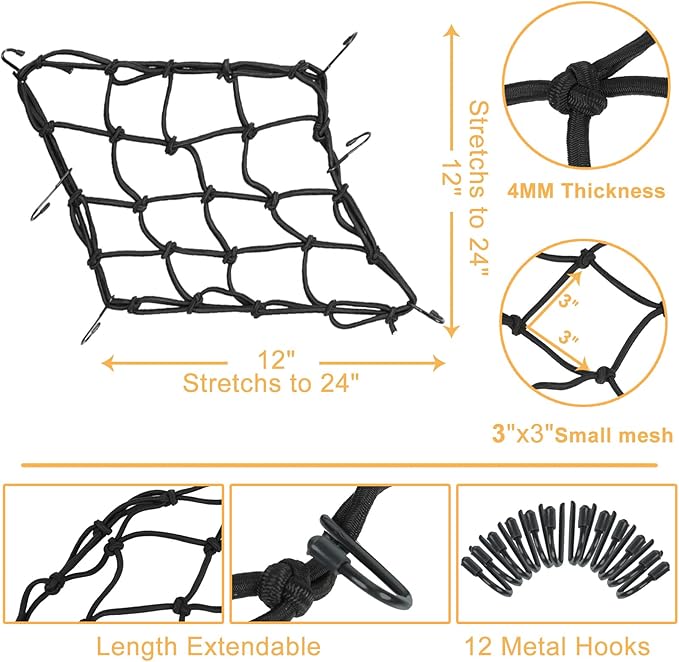 2-Pack Bungee Net Motorcycle Cargo Net, 12" x 12" Small Cargo Net Stretch to 24" with 6 Adjustable Hooks Bike Bungee Cord Net