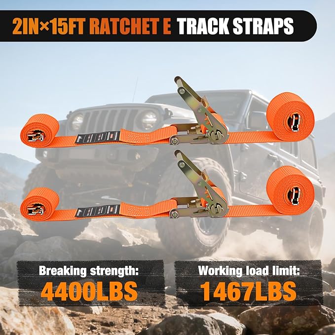 Nilight E-Track Ratchet Straps 8 Pack 2" x 15' Heavy Duty Orange Cargo Tie-Downs 4400 lbs Breaking Strength Standard E Track accessories Tie Down E-Track Spring Fittings for Cargo Vans Trucks Trailers