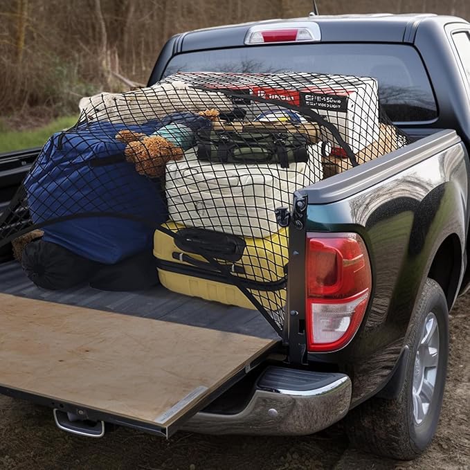 Highly Elastic Truck Bed Cargo Net - 4'x4' Stretches to 7'x7' | Heavy Duty Black Polyester Mesh with 8 Snap Hooks | Secure Your Load in Pickup, SUV, Trailer