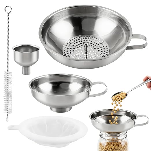 6Pcs Stainless Steel Canning Funnels Set, Wide Mouth Food Canning Funnels for Regular Mason Jar, Kitchen Large Cannin-g Supplies Kit for Filling Bottle(Color:Silver)