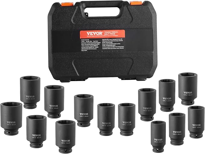 VEVOR Axle Nut Impact Socket Set - 1/2" Drive Deep 6+12-Point 14-Piece Metric Spindle Nut Socket CR-V Heat Treated Large Socket Set with Storage Case for Auto Repair, Removing or Installing Axle Nuts