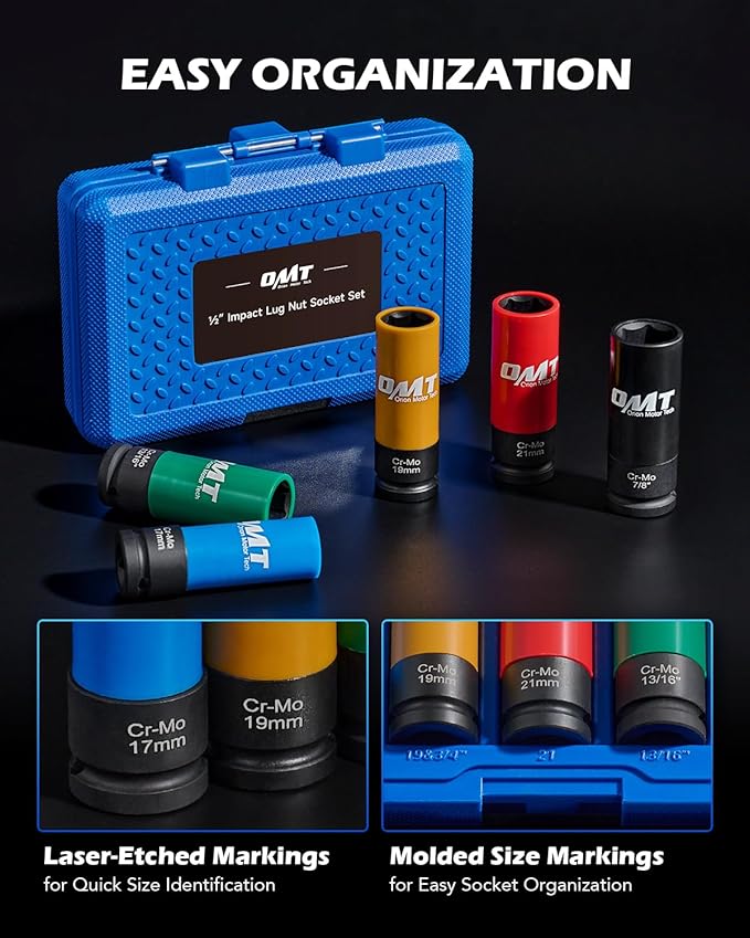 Orion Motor Tech 1/2" Drive Lug Nut Socket Set, Metric 17 19 21 mm & SAE 13/16 7/8 in. Wheel Socket Set, 5pc Impact Lug Nut Socket Set, Thin Wall Lug Nut Sockets with Colored Protective Covers