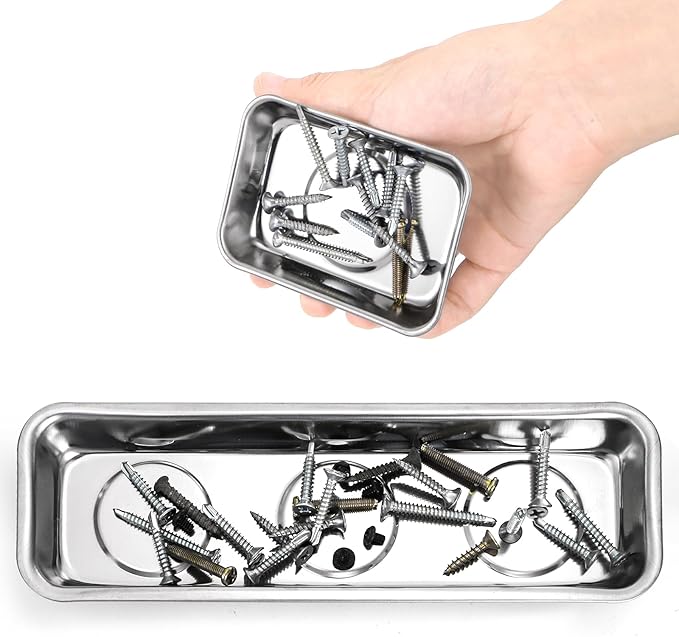 Okllen Set of 6 Small Magnetic Parts Trays, Stainless Steel Magnetic Tray Set for Mechanic's, Extra Strong Magnetic Tool Trays Holder for Socket Screw Nuts Bolts Metal Parts, 8"x2.5"/3.6"x2.5"