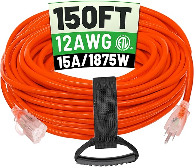 POWGRN 150 ft 12/3 Outdoor Extension Cord Waterproof Heavy Duty with Lighted Indicator End 12 Gauge 3 Prong, Flexible Cold-Resistant Long Power Cord Outside, 15Amp 1875W SJTW Orange ETL Listed