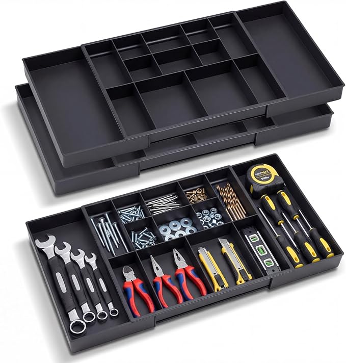 2 Pack Tool Box Organizer Tray Divider, Expandable Desk Drawer Organizer with 12+2 Compartments, 12-20.5 Inch Large Toolbox Storage Tray, Toolbox for Rolling Tool Chest Cart Workbench