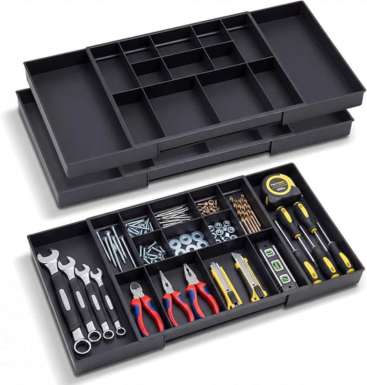 2 Pack Tool Box Organizer Tray Divider, Expandable Desk Drawer Organizer with 12+2 Compartments, 12-20.5 Inch Large Toolbox Storage Tray, Toolbox for Rolling Tool Chest Cart Workbench