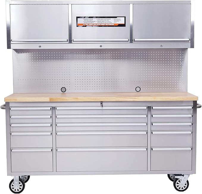 IDEALHOUSE 72 inch Rolling Tool Chest, Garage Workbench with 15 Drawers, Solid Rubber Wood Top & with Wheels Lock Key Locking, Mobile Workstation Tool Cabinet for Workshop Storage