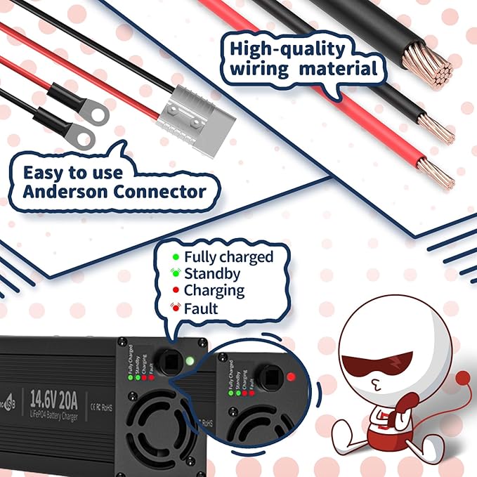 Timeusb 12V 20A LiFePO4 Battery Charger, 14.6V AC-DC Lithium Battery Smart Fast Charger with Anderson Connector LED Indicator for Lithium LiFePO4 Deep Cycle Batteries in Boats, RVs (12V 20A)