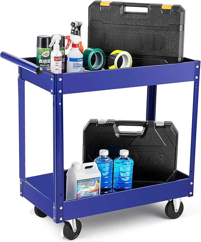 2 Tier Metal Utility Cart,330 Lbs Metal Heavy Duty Utility Cart On Wheels,2 Shelf Steel Rolling Tool Cart, Tool Storage Organizer for Mechanic, Garage, Workshop, Warehouse