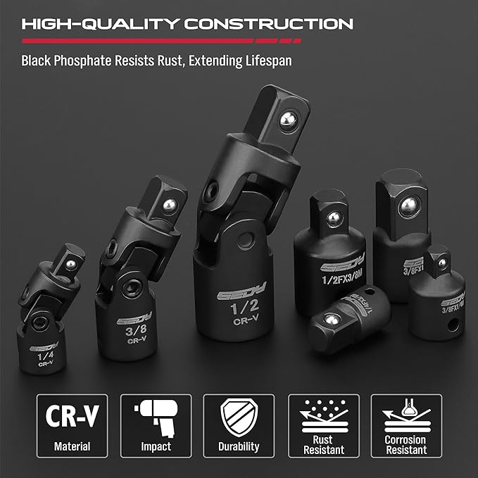 Universal Joint Socket Reducer: 7-Piece Impact Wobble U Joint & Adapter Set with Magnetic Aluminum Storage Rail - Premium Cr-V Steel 1/4", 3/8" & 1/2" Drive