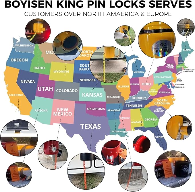 BOYISEN 5th Wheel King Pin Lock Solid Steel Anti Theft for RVs, Container Trailers and Campers with Handles Warning Tag 3 Keys Black
