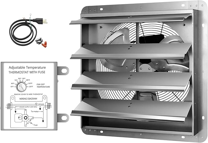 iPower 18 Inch Wall Mounted Shutter Exhaust Fan with Temperature Controller and Power Cord Kit, Aluminum, 1400 RPM, 2000 CFM, for Attic, Garage, Louvered Vent, Plant, Greenhouse, Silver