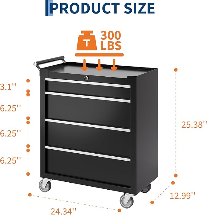 IDEALHOUSE Rolling Tool Chest, 4 Drawers Tool Storage Cabinet, Toolbox with Wheels, Portable Tool Cabinet Organizer with Locking System & Drawer Liners, Tool Storage Cart for Garage, Workshop, Black