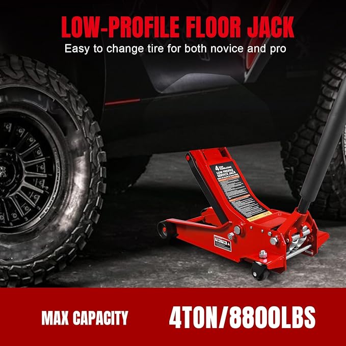 Jack Boss Floor Jack 4 Ton Hydraulic Low Profile Jack with Dual Piston Quick Lift Pump and 3 Ton (6600 LBs) Adjustable Ratchet Car Lifting Jack Stand with Dual Secure Pins