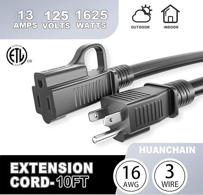 HUANCHAIN 10 ft (2pack) Indoor Outdoor Black Extension Cord Waterproof, 16/3 Gauge Flexible Cold-Resistant Appliance Cord Outside, 13A 1625W 16AWG SJTW, 3 Prong Electric Cable, ETL