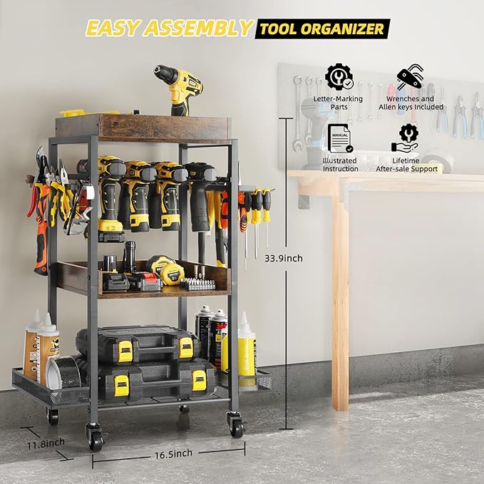 Olakee Power Tool Organizer Garage Storage Organization Shelving Tool Holder Drill Rack Shelf Rolling Cart Open Tool Chest Cabinet Box Organizer with Wheels Workshop Garage Gift Ideas for Men Dad