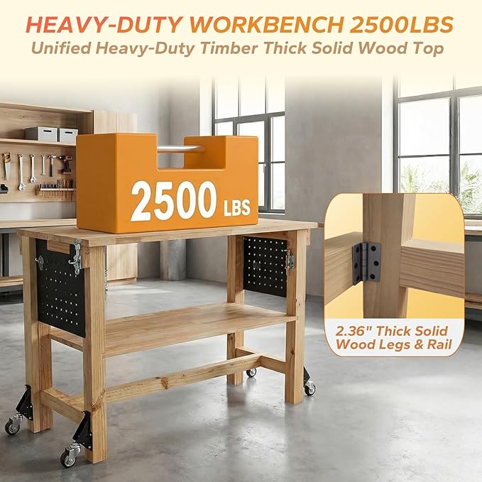 60" Heavy Duty Foldable Workbench with Transformable Wheels and Tool Storage Shelf, Max Load 2500 LBS, Rubber Wood Work Bench for Garage, Woodworking Table with Pegboard