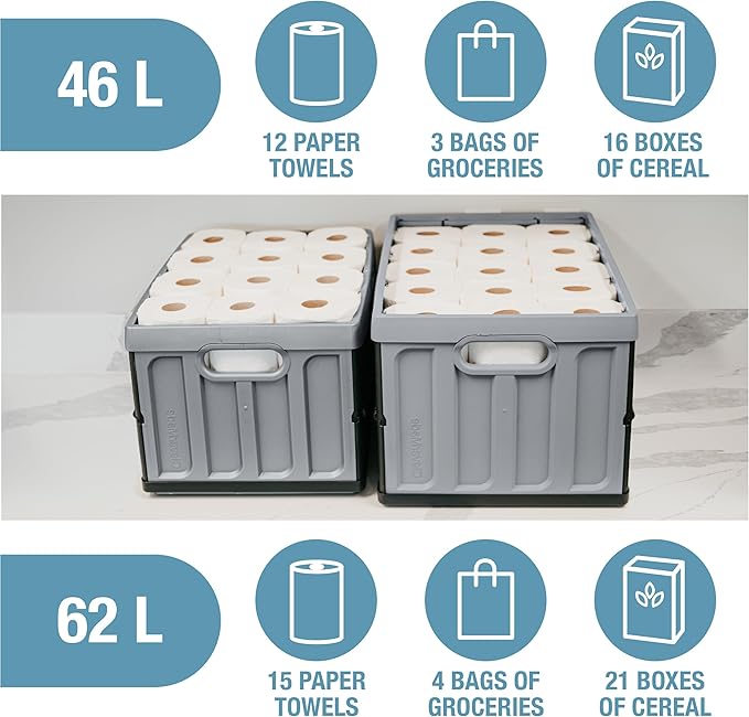 CleverMade Collapsible Storage Bins with Lids (62L, 3 Pack) – Heavy Duty Foldable Plastic Storage Crates for Garage, Closet & Trunk Organization - Ocean