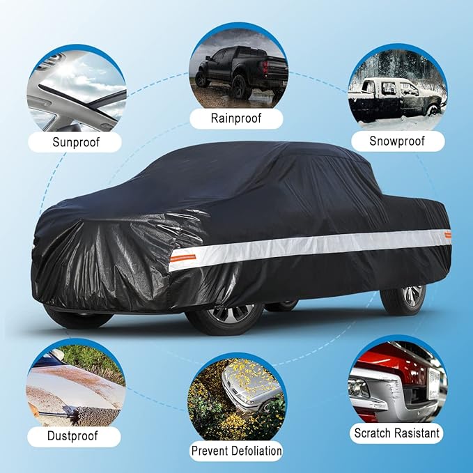 10 Layers Truck Cover Waterproof All Weather. Pickup Truck Cover Rain Snow UV Dust Protection. Length: 210-230 inches, Universal Fit for Ford F150 Chevy Silverado Dodge Ram 1500.