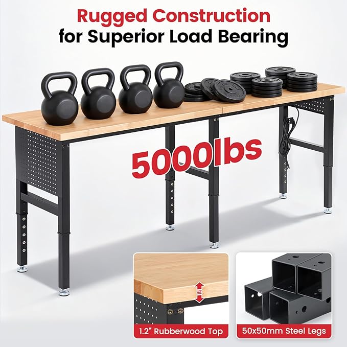 ENJOYWOOD Work Bench 96 Inch Heavy Duty Work Table with Power Outlets & Extended Pegboard Adjustable Height 5000 Lbs Load Capacity Workstation for Garage, Workshop, Home, Office