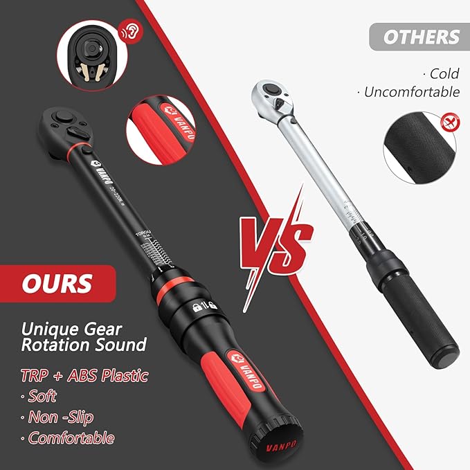 VANPO Torque Wrench 3/8-Inch Drive 10-100 Ft-Lb/13.6-135.5Nm Click Type for Motorcycle, Car & Small Machinery Maintenance - TPR+ABS Handle, ±3% Precision, 72-Tooth Ratchet,with Portable Case