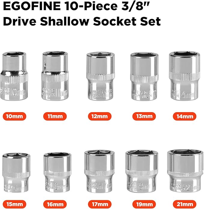 Egofine 10PCS 3/8” Drive Standard Socket Set,Shallow,Metric（10-21mm,6 Point Socket Set With Hanging Bracket,Cr-V Steel