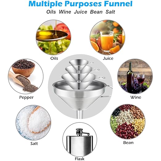 Toncoo 4 Pack Stainless Steel Funnels for Kitchen Use, Food Grade Cooking Funnel with 2 Strainer, Kitchen Funnel Set Metal Funnels for Filling Bottles