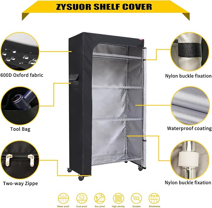 Waterproof Shelf Cover for Wire Shelving – Fits 36" W x 18" D x 62" H Storage Rack, Heavy Duty Oxford Fabric with Clear Front & Two-Way Zipper for Closet, Pantry, Laundry (Black, Cover Only)
