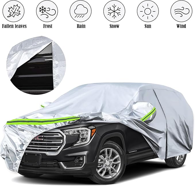 Waterproof Car Covers Replace for 2010-2025 GMC Terrain, 6 Layers Silver All Weather Custom-fit Car Cover with Zipper Door & Windproof Bands for Snow Rain Dust Hail Protection