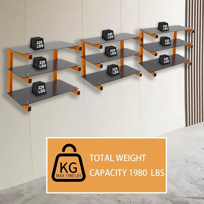 6 Pack Wall-Mounted Lumber Rack, Heavy Duty Wood Storage Racks, 9-Level System Garage Shelving, 1980 LBS Capacity Hanging Organizer Shelves, Orange Brackets Utility Metal Shelf for Indoor and Outdoor