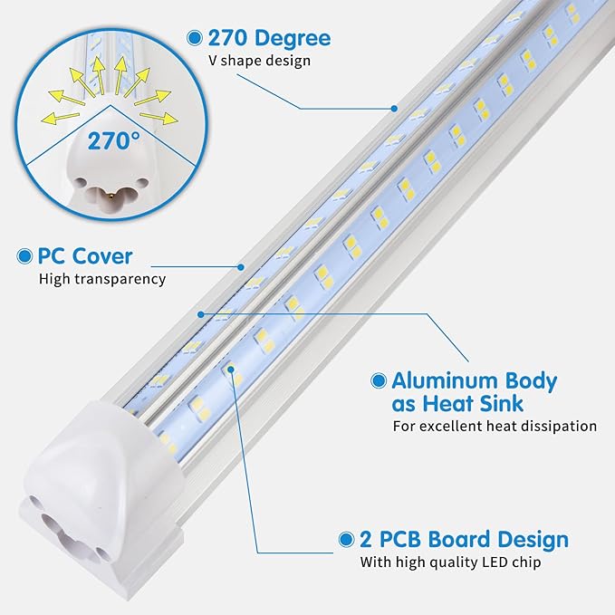 AQIQUUT Led Shop Light, Led Garage Light,2FT 25W 6500K Daylight 3200LM Linkable Clear Cover Integrated V-Shape for Shop Under Cabinet Office General Lighting,Cool White(4-Pack)