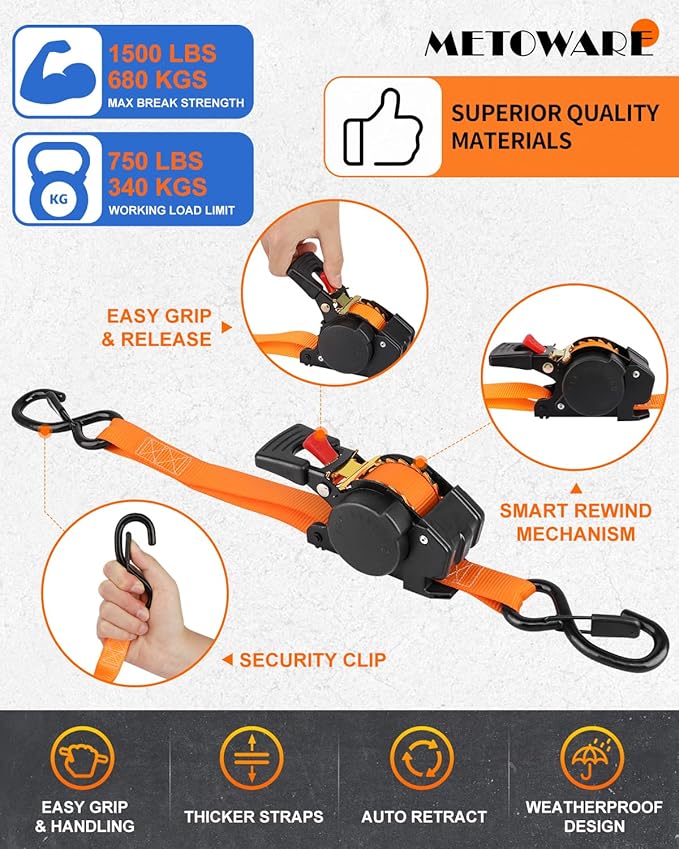 METOWARE Retractable Ratchet Straps (2-Pack) - 1 in x 10 Ft (1500lb Break Strength) - Heavy Duty Auto Self Retracting Tie Down Straps for Truck, Trailer, Cargo Van, Motorcycle - Orange