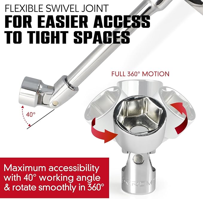 CROM Universal Flex Socket Set - 6-Point Swivel Socket Set - Swivel Joint for Easier Access to Tight Spaces - Aluminum Socket Storage Rail Included (1/4" Dr. 7PCS SAE SET)