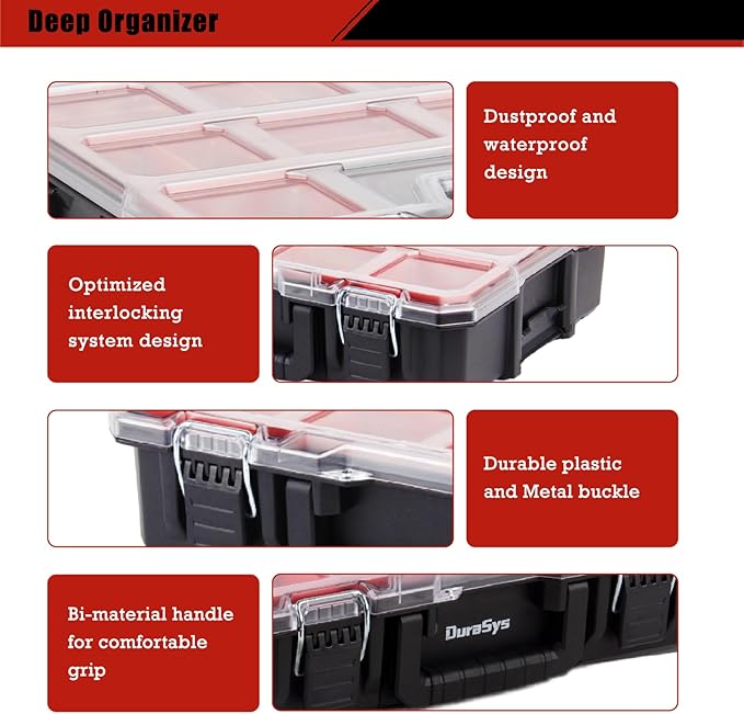 Tools Organizer, Small Parts Storage Toolbox, 17.3 * 14 * 4.2" Durable Hardware Deep Box Storage, with Removable Inner Cups