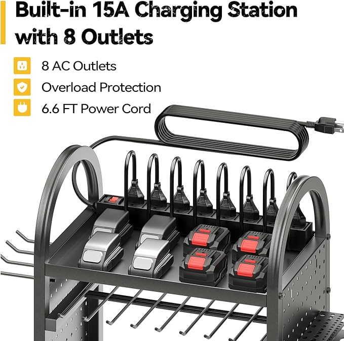 SOYEEZE Storage Cart on Wheels with 8 Outlet Power Strip, Rolling Utility Cart for Garage Organization, Power Tool Organizer with Charging Station, Tool Organizer Cart for Electric Drill/Toolbox