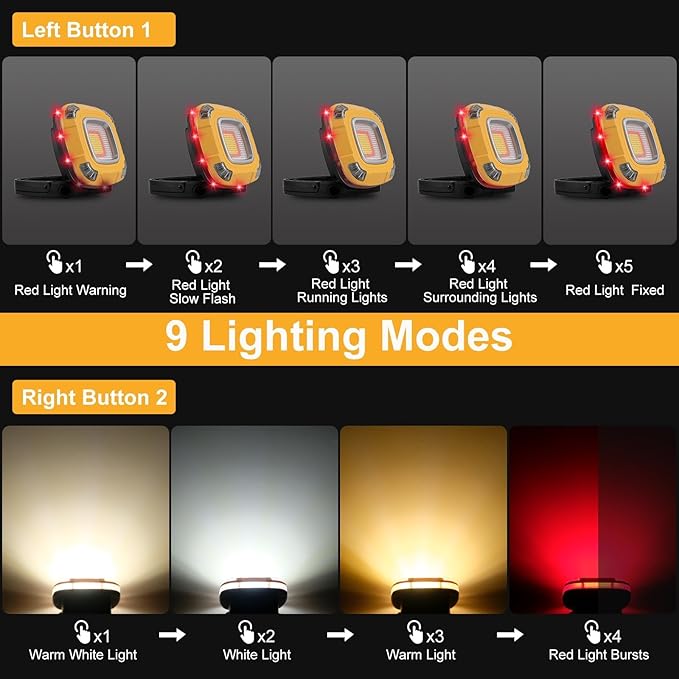 2000LM Magnetic Work Light Rechargeable with 9 Modes, IPX5 Waterproof with Camping Light, Foldable, Emergency & Car Repair (6000mAh)