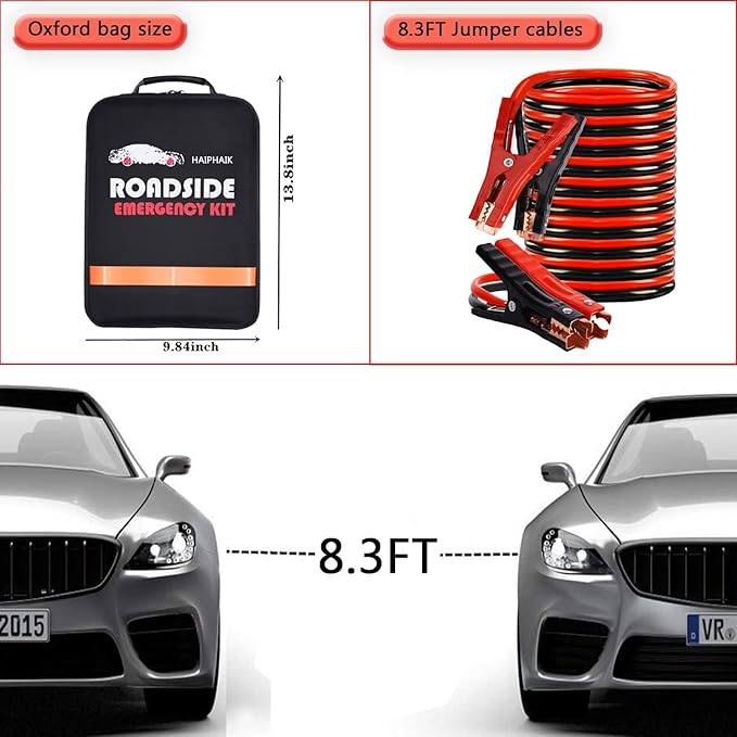 HAIPHAIK Car Emergency Roadside Kit - Roadside Assistance Emergency Kit, Car Emergency Kit with Jumper Cables, Safety Kits for Cars,Folding Shovel, Tow Rope,Car Tool Kit