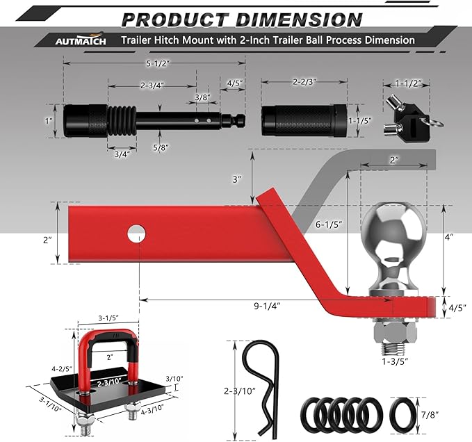 AUTMATCH Trailer Hitch Ball Mount with 2 Inch Hitch Ball - Fits 2" Receiver with Hitch Tightener, 8000Lbs Capacity Ball Hitch, 4-Inch Drop with 5/8" Hitch Lock Pin, Red