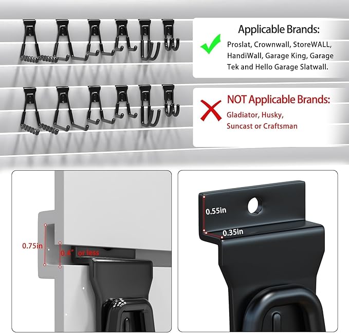 3-H Heavy Duty Slatwall Hooks 20 Pack, Straight & Double Slat Wall Hangers, Extra Thick Backplate for Straight Hooks, Proslat Compatible Garage Storage Organizer(Black)