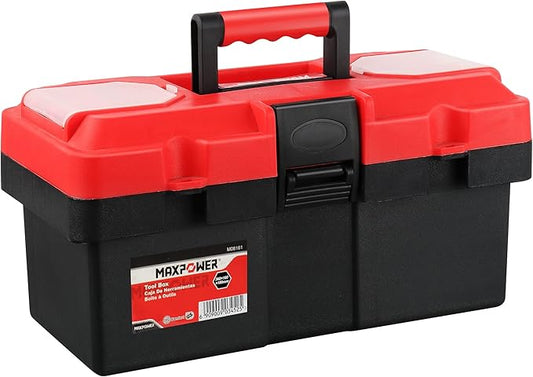 MAXPOWER Small Tool Box, 14-inch Plastic Tool Boxes with Handle, Removable Tray with Dual Lock Secured, Red Toolbox for Home