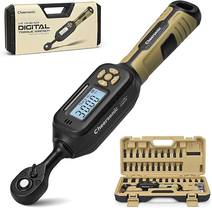 Digital Torque Wrench 1/4 drive, 1.1-22.1 ft-lb (1.5-30 Nm) ±1% Accuracy Inch Pound Torque Wrench with Buzzer and LED Electronic Torque Wrenches with Bits & Sockets for Bike Motorcycle Gunsmithing